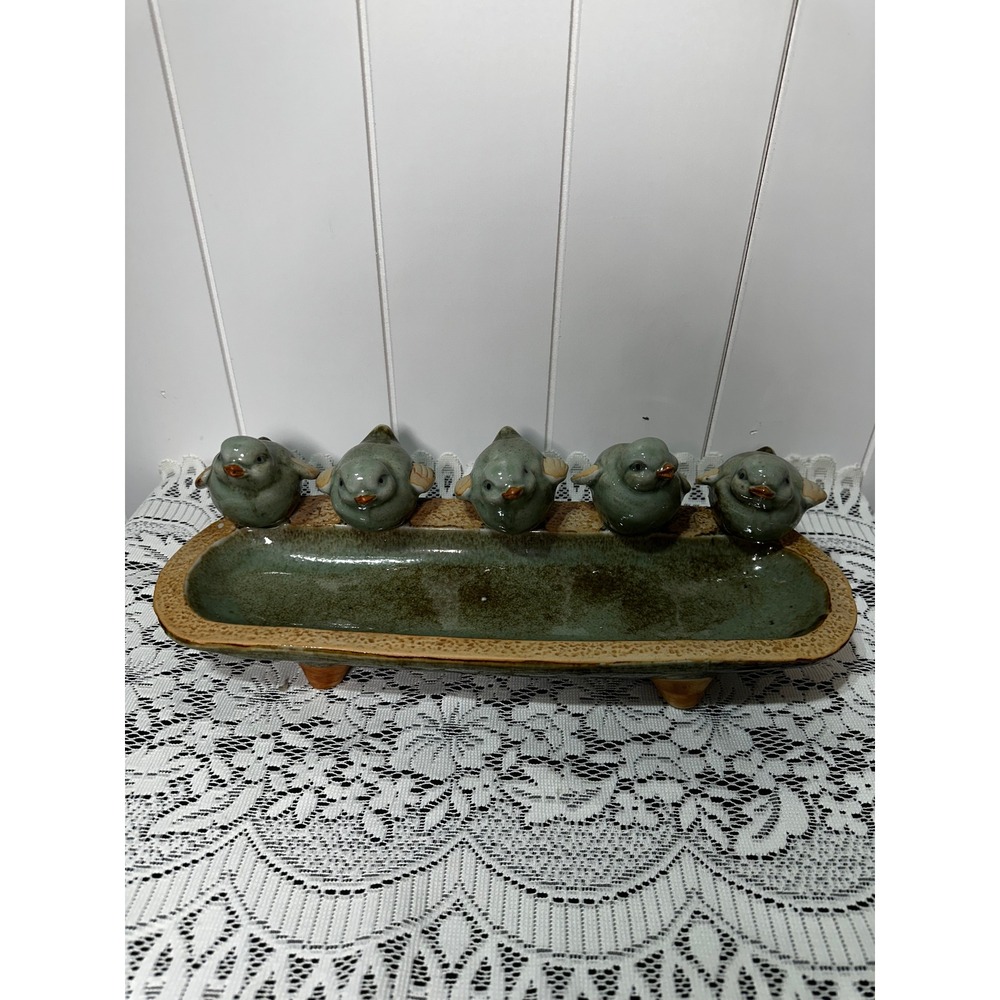 Studio Pottery Bird Tray Handcrafted Stoneware Footed Dish Sage Green Glaze